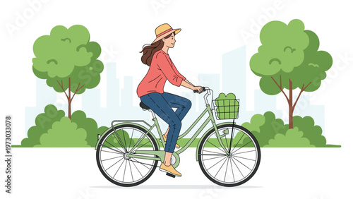 Woman wearing a straw hat and riding a bicycle through a green park, enjoying a healthy and relaxed outdoor lifestyle with a city backdrop.