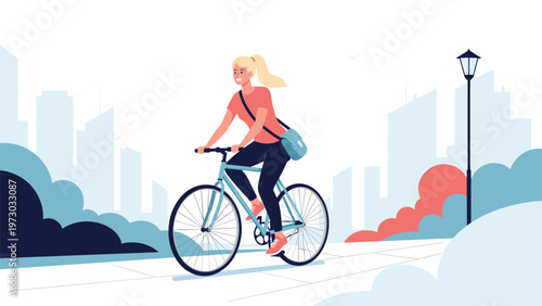 Smiling young woman with blonde hair riding a bicycle on an urban street, enjoying a healthy and active lifestyle against a city skyline.