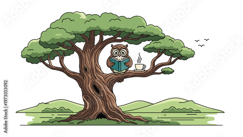 Wise owl reading a book and sipping coffee on a thick branch of a large, leafy tree, symbolizing knowledge and peaceful contemplation.