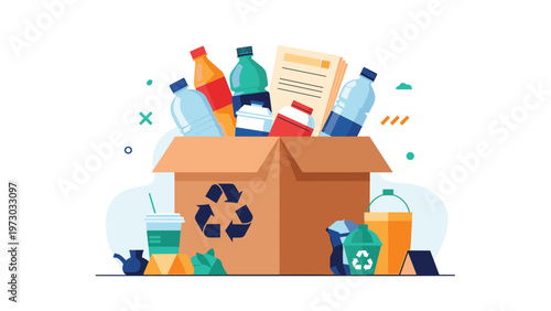 Cardboard box overflowing with diverse recyclable materials like plastic bottles, paper, and glass, emphasizing effective waste sorting.