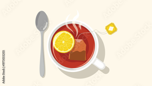 Top-down view of a steaming cup of tea with a lemon slice and a teabag, accompanied by a spoon, on a light background, symbolizing comfort.