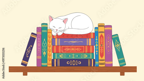 Peaceful white cat sleeping soundly on a colorful stack of books on a wooden shelf, symbolizing comfort, knowledge, and quiet contemplation.