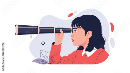 Curious young girl looking through a telescope, symbolizing discovery, exploration, learning, and future aspirations.