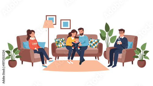 Happy family with a baby reading a book on a sofa, while friends relax in a cozy living room setting, depicting togetherness and leisure.