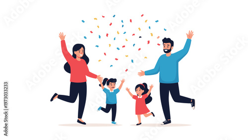 Joyful family, father, mother, and two daughters, celebrating happily with confetti falling around them, depicting fun and festive moments.