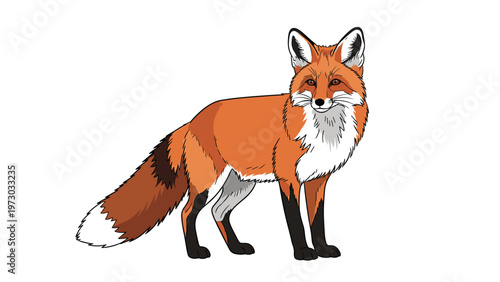Detailed illustration of a majestic red fox standing gracefully, showcasing its vibrant fur and distinctive features.