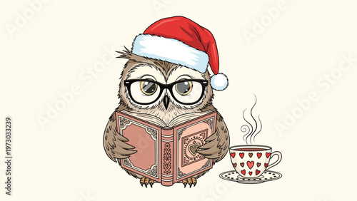Charming owl wearing a Santa hat and glasses, diligently reading a book while enjoying a warm cup of tea, combining wisdom with holiday spirit.