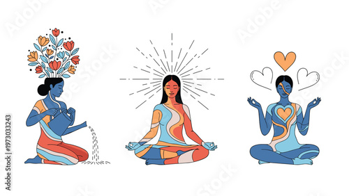 Three diverse women illustrating different aspects of self-care and meditation, including nurturing growth, inner peace, and emotional balance.