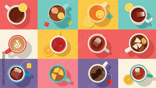 Dynamic grid display showcasing twelve different colorful cups of tea and coffee, each with unique garnishes and preparations, viewed from above.