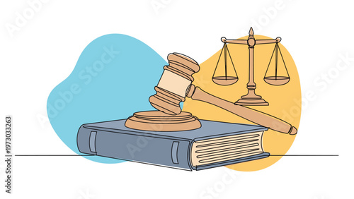 Continuous one-line drawing of a gavel and scales of justice resting on a legal book, symbolizing law, justice, and legal education.