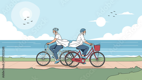 Two joyful individuals riding a tandem bicycle side-by-side along a scenic coastal path, enjoying a sunny day by the sea.