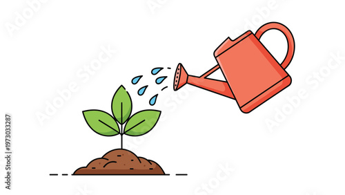 Vibrant red watering can gently watering a small green plant, symbolizing growth, care, nature, and nurturing the environment.