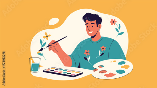 Happy young man painting colorful flowers with watercolors, holding a paintbrush and palette, enjoying a creative artistic hobby.