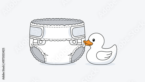 Simple and cute illustration of a clean white baby diaper placed next to a classic yellow rubber duck toy, symbolizing infancy and care.