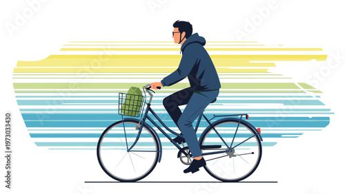 Man wearing a helmet and sunglasses casually rides a bicycle with a basket, set against a stylish abstract striped background.