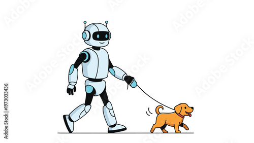 Friendly robot with a leash walks a small, happy dog, showcasing a futuristic scenario of AI integration into daily pet care.