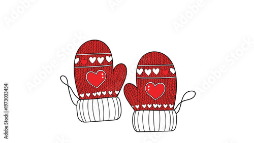Cozy pair of red knitted mittens adorned with sweet white heart patterns, symbolizing warmth, love, and winter comfort.