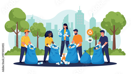 Diverse group of environmental volunteers actively participates in a park cleanup, collecting plastic waste for recycling to preserve nature.