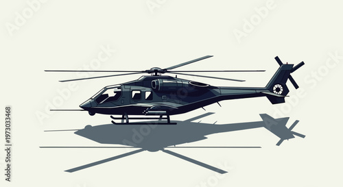 A modern helicopter with its shadow cast on a light background.