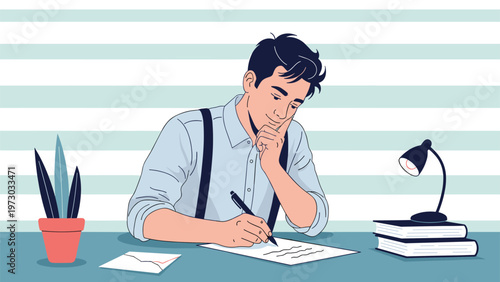 Thoughtful young man diligently writes a letter at his desk, surrounded by a lamp and potted plant, focusing on his creative task.
