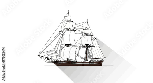 A detailed illustration of a tall ship with full sails and a long shadow.