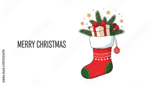 Festive Christmas stocking overflowing with holiday gifts and evergreen branches, accompanied by the joyful message "Merry Christmas".
