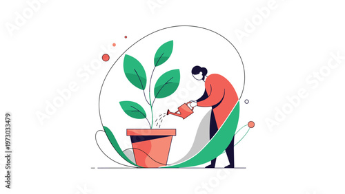 Dedicated person gently waters a vibrant potted plant, symbolizing growth, care for nature, and the importance of environmental nurturing.