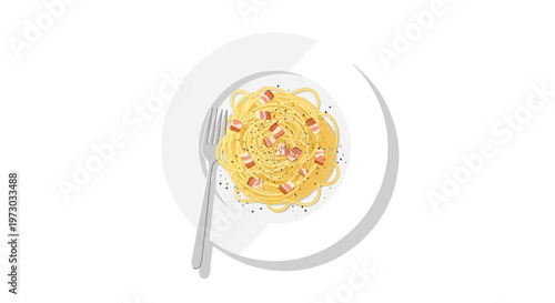 Spaghetti Carbonara with bacon and pepper on a white plate with fork.