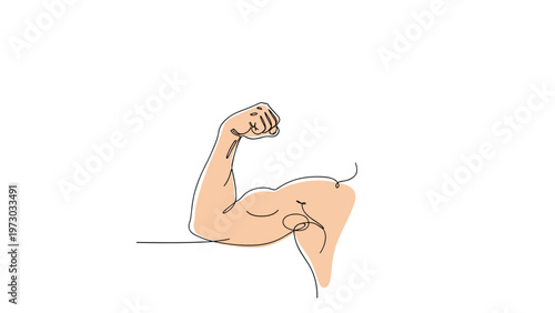 Dynamic continuous one-line art drawing captures a powerful muscular arm flexing, symbolizing strength, fitness, and physical well-being.