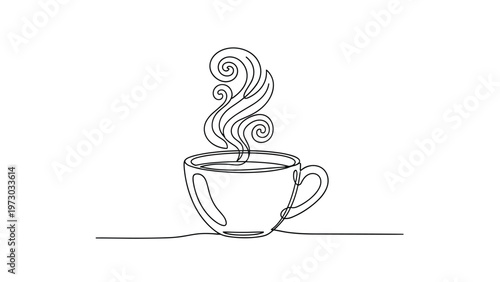 Elegant continuous one-line art drawing depicts a steaming cup of coffee or tea, evoking warmth, comfort, and a relaxing moment.