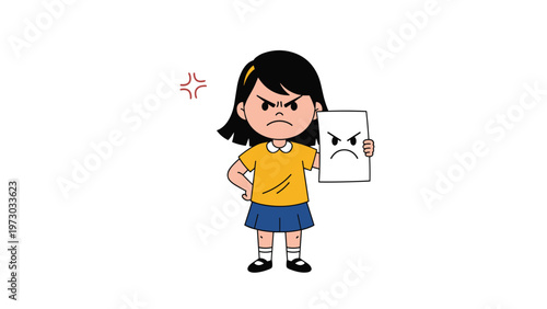 Upset little girl stands with an angry expression, holding a drawing of a frowning face, symbolizing childhood emotions and frustration.