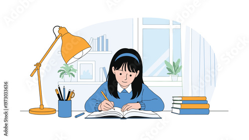 Diligent young girl focuses on her studies at a desk illuminated by a lamp, surrounded by books, symbolizing dedication to learning.