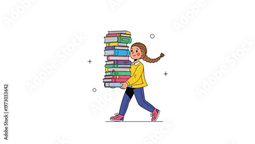 Determined young girl cheerfully carries a towering stack of colorful books, symbolizing her dedication to learning and education.