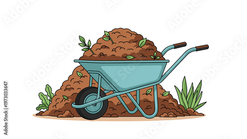 Full wheelbarrow overflowing with rich soil and young plants, ready for gardening and planting, symbolizing growth and agriculture.