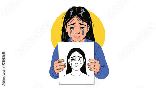 Distraught young woman sheds tears, holding a drawing of a crying face, symbolizing deep sadness, emotional pain, and mental health struggles.