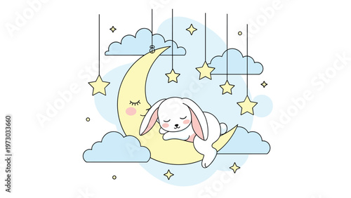 Adorable cartoon bunny peacefully sleeps on a crescent moon, surrounded by twinkling stars and soft clouds, creating a whimsical dreamscape.