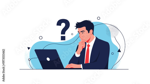 Thoughtful businessman ponders intently while working on his laptop, with a large question mark symbolizing problem-solving and decision-making.