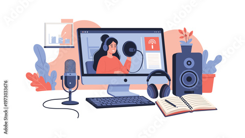 Woman wearing headphones records a podcast or voiceover at her computer, surrounded by professional audio equipment in a modern studio.