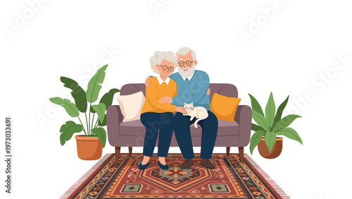 Happy elderly couple embraces on a cozy sofa, surrounded by lush houseplants, enjoying a peaceful moment with their beloved pet cat.