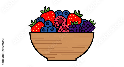 Illustration of a wooden bowl filled with fresh mixed berries on a white background
