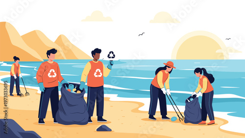 Dedicated group of environmental volunteers actively participates in a beach cleanup, collecting trash and plastic waste to protect marine life.