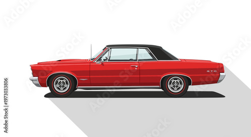 A classic red American muscle car illustration with a long shadow.