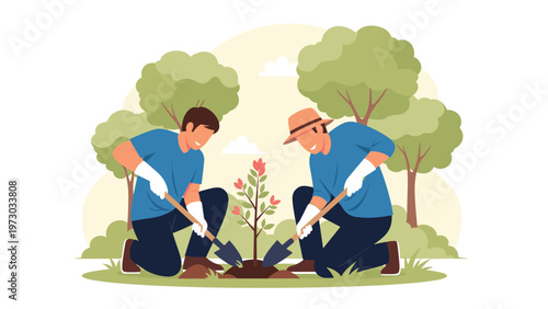 Two men enthusiastically collaborate to plant a young tree, symbolizing teamwork, environmental conservation, and community efforts.