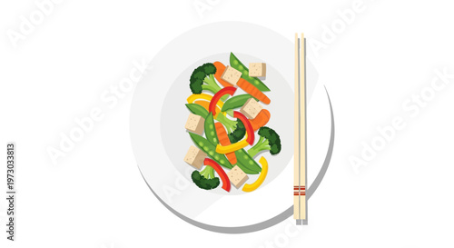 Healthy vegetarian stir-fry with fresh vegetables and tofu served with chopsticks.
