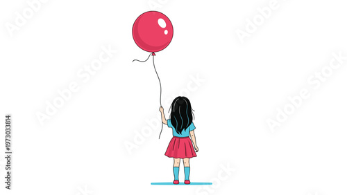 Young girl stands with her back to the viewer, holding a vibrant red balloon that gently floats upwards, symbolizing innocence and dreams.