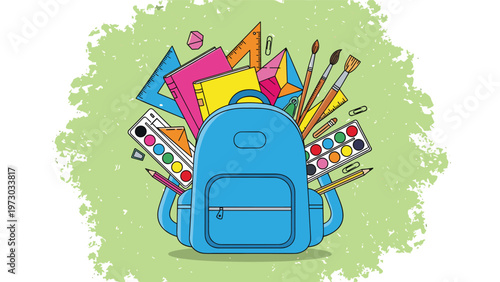 Vibrant blue backpack surrounded by a colorful array of school supplies, including books, rulers, and art materials, ready for learning.