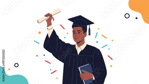 Happy young male graduate proudly raises his diploma and holds a book, celebrating academic achievement and future aspirations.