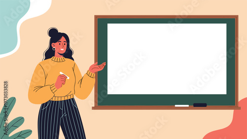 Confident female teacher stands smiling in front of a blank chalkboard, ready to present a lesson or new educational concepts.