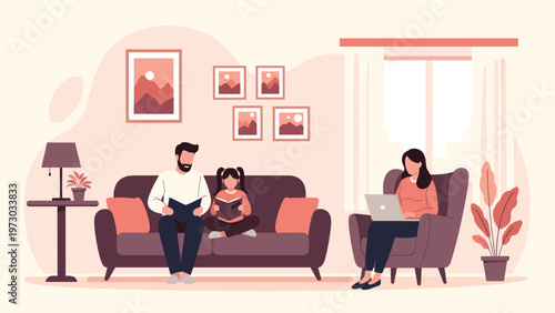 Modern family enjoys a peaceful day at home; father and daughter read on the sofa while mother works on her laptop in an armchair.