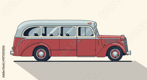 Retro red and grey bus illustration on a plain background.